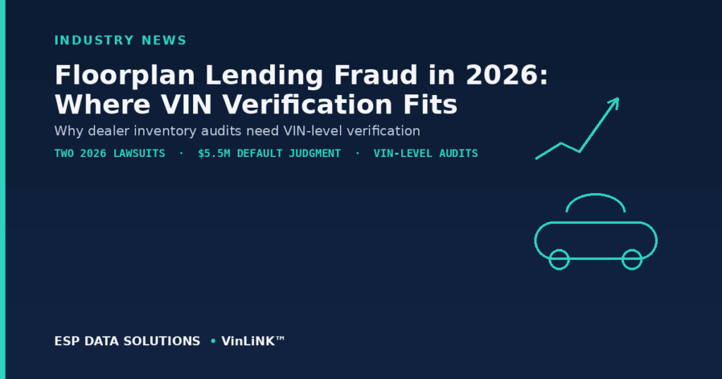 Floorplan lending fraud in 2026 — ESP Data Solutions industry news graphic