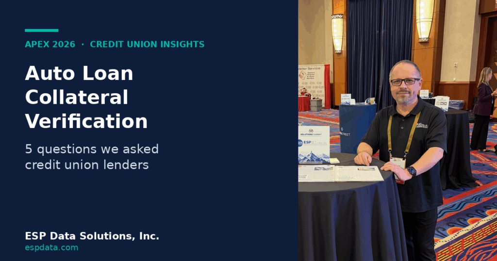 Auto loan collateral verification at APEX 2026: ESP Data Solutions CEO Greg Skoczylas at the ESP table