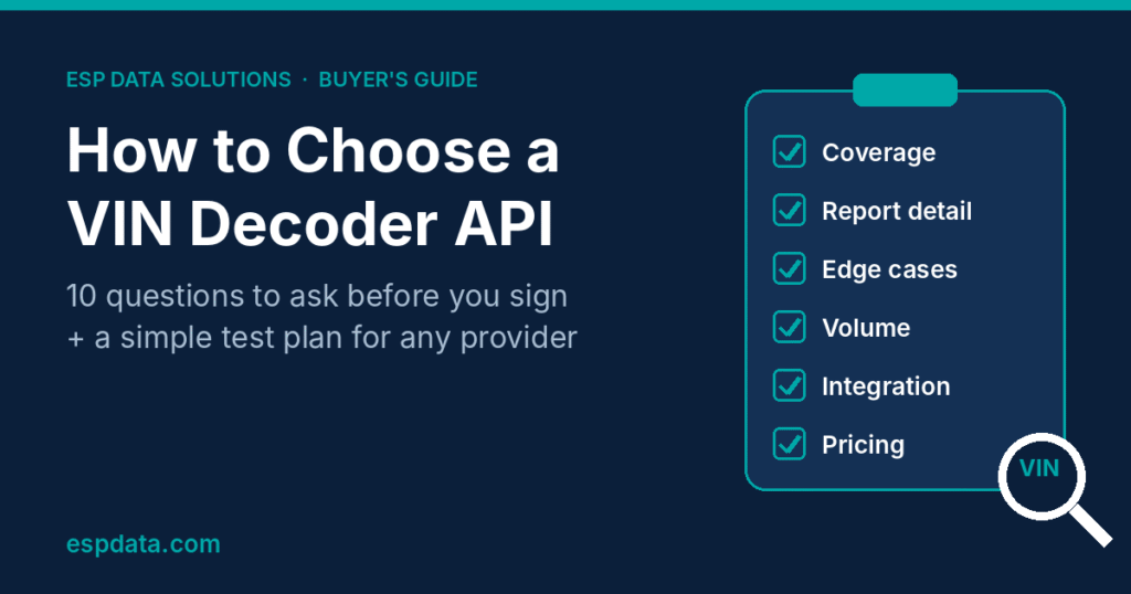 Checklist for choosing a VIN decoder API: coverage, report detail, edge cases, volume, integration and pricing