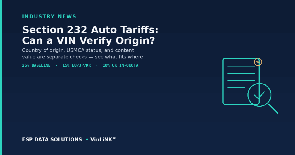 Section 232 auto tariffs and VIN country-of-origin verification — ESP Data Solutions