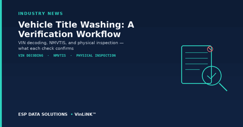 Vehicle title washing verification workflow — VIN decoding, NMVTIS title check, and physical inspection